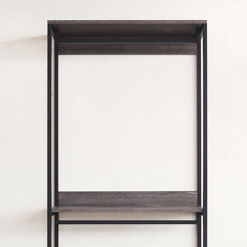 Industrial metal shelf with dark wood planks