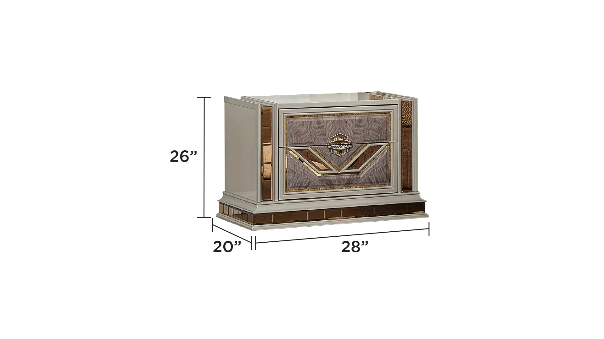 Modern grey nightstand with mirrored accents and two drawers