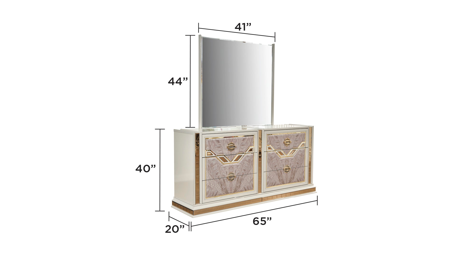 Cream dresser with mirrored accents and geometric wood inlay drawers