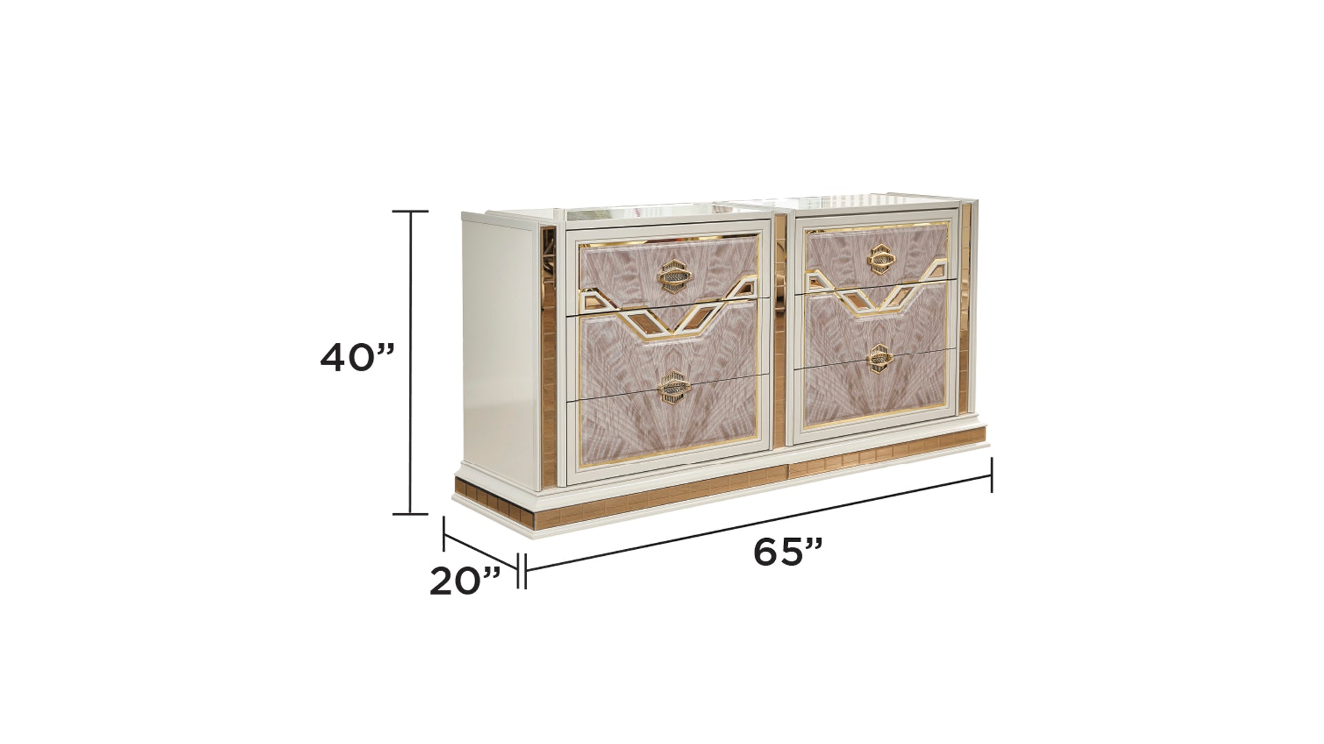 Luxurious dresser with mirrored accents and woodgrain drawer fronts