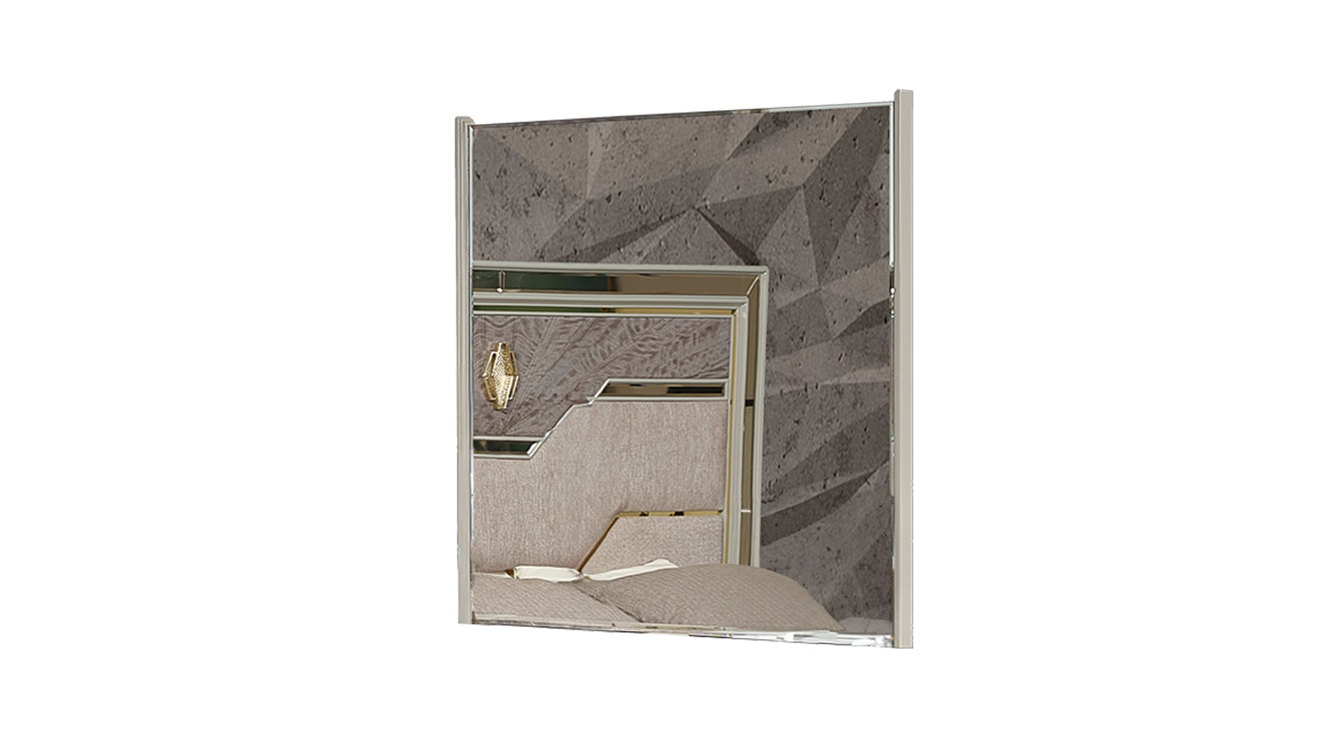 Modern geometric grey and taupe upholstered headboard with gold accent