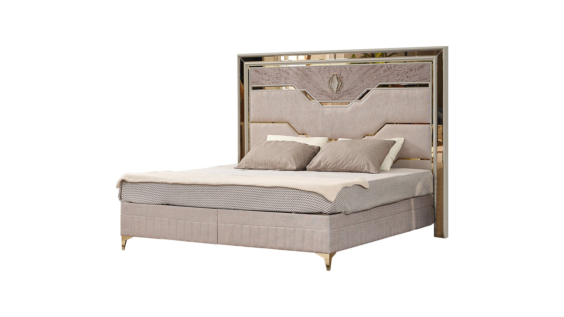 Upholstered king bed with beige fabric headboard and metallic accents