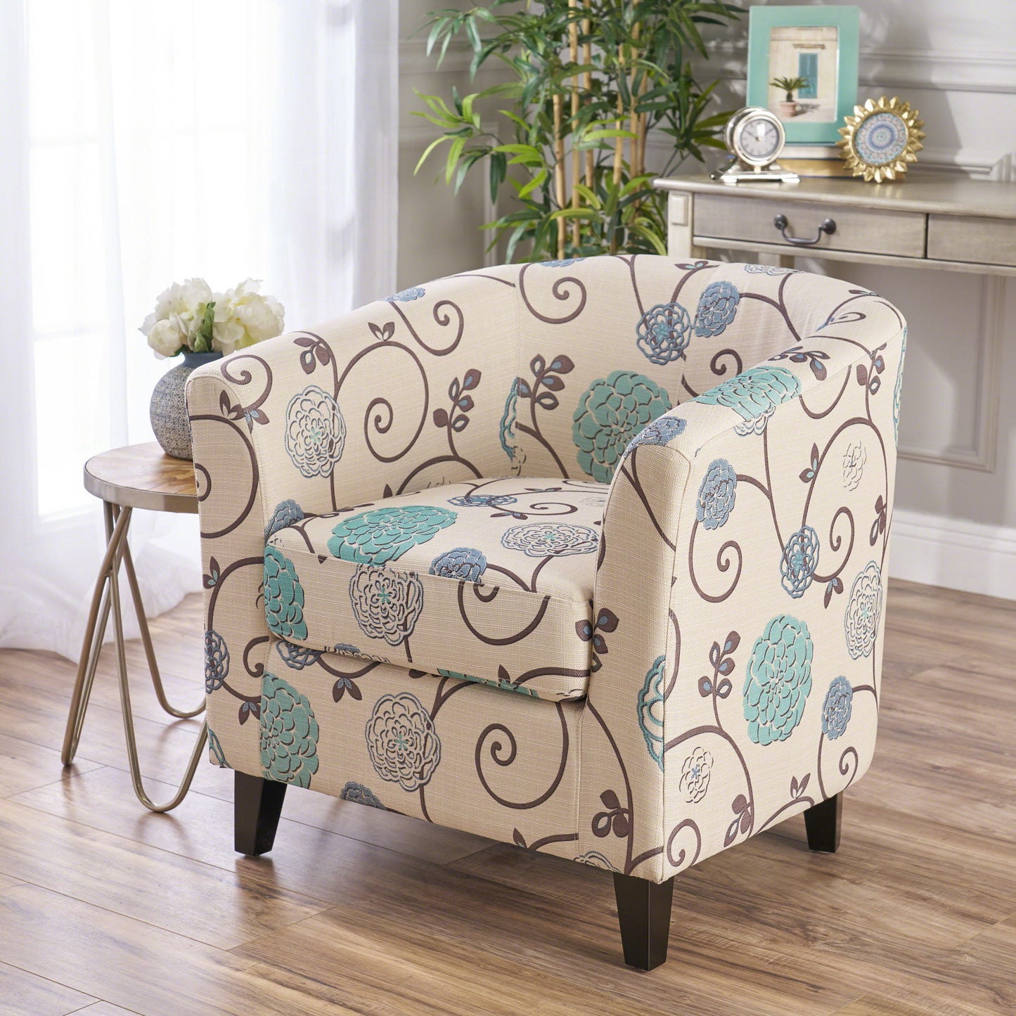 TREATLIFE HOME Cozy Fabric Club Chair with Subtle Flare and Wood Legs, White and Blue Color, for Relaxing