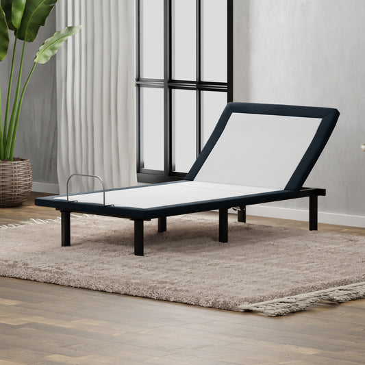 Adjustable bed frame in dark navy with white mattress support