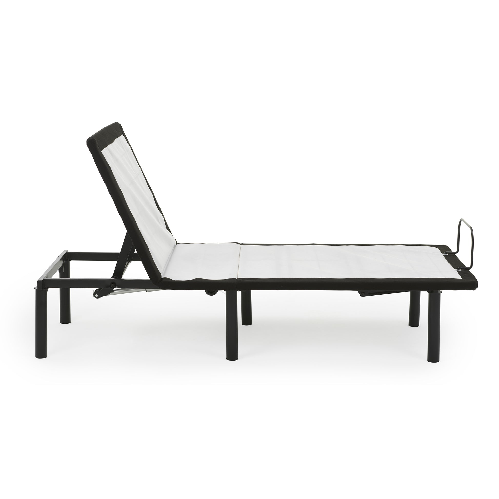Adjustable bed frame with black metal legs and white fabric mattress support