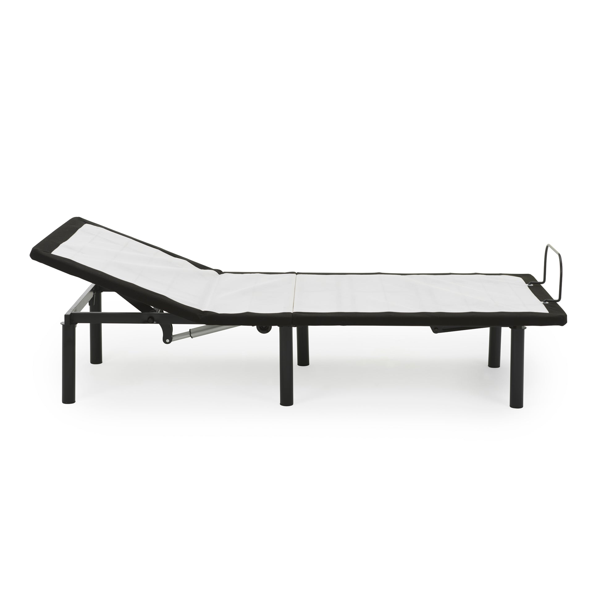 Adjustable electric bed frame with black metal legs and white fabric mattress support
