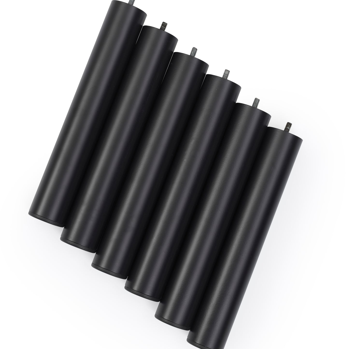 Set of six black cylindrical furniture legs with screw mounts