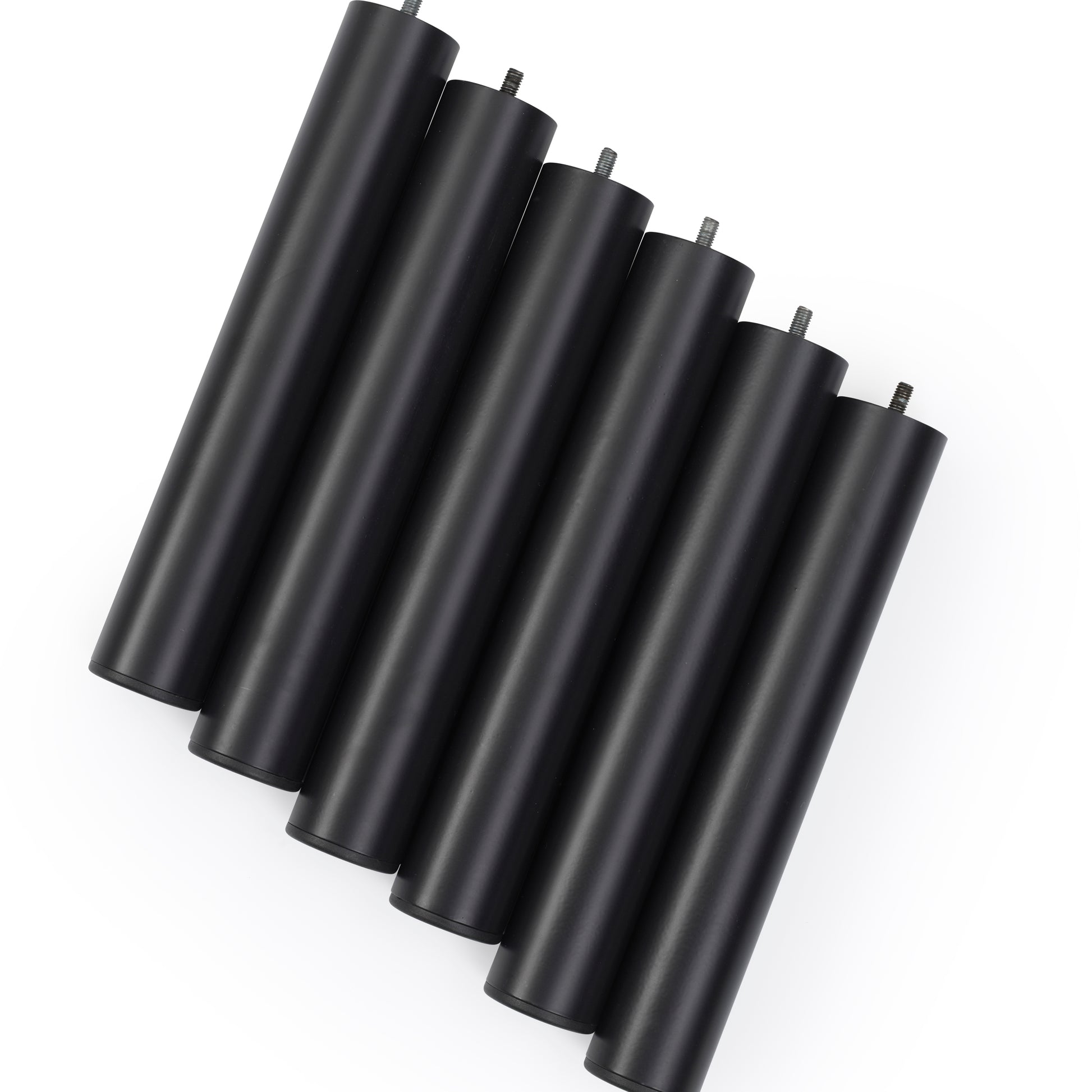 Set of six black cylindrical furniture legs with screw mounts