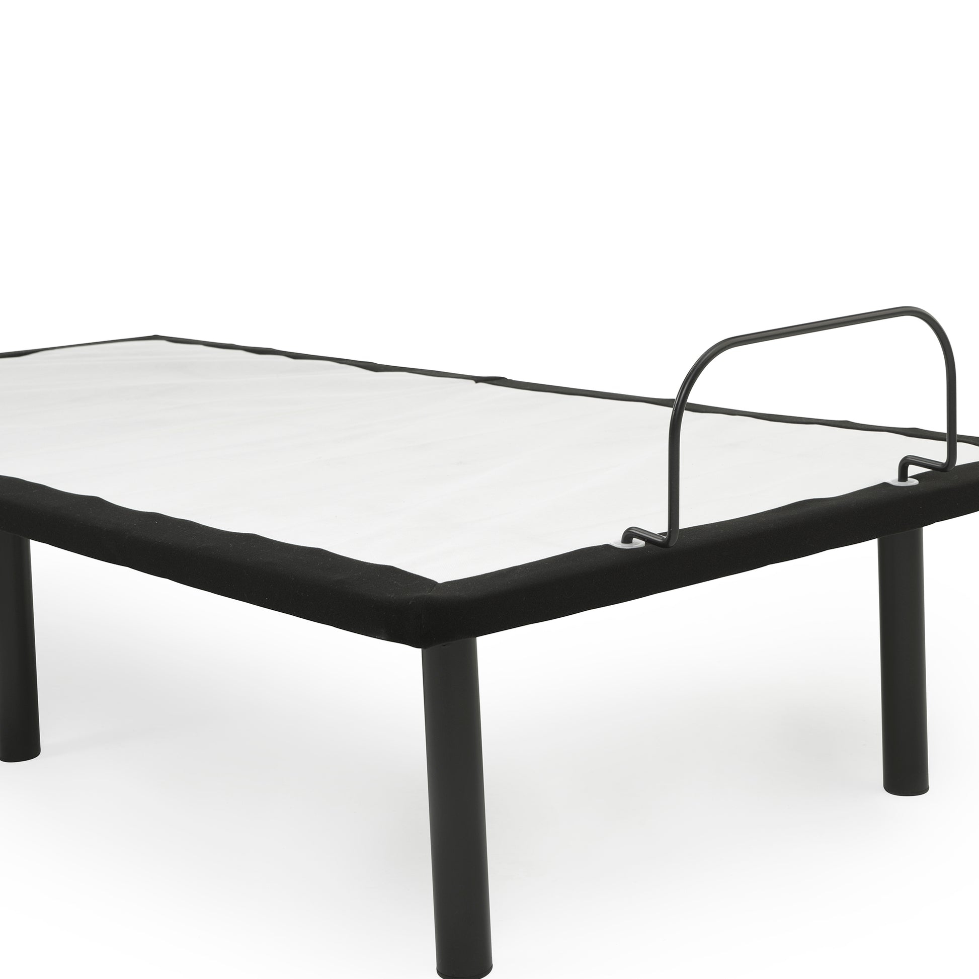 Black adjustable bed frame with white mattress support and metal headboard bracket