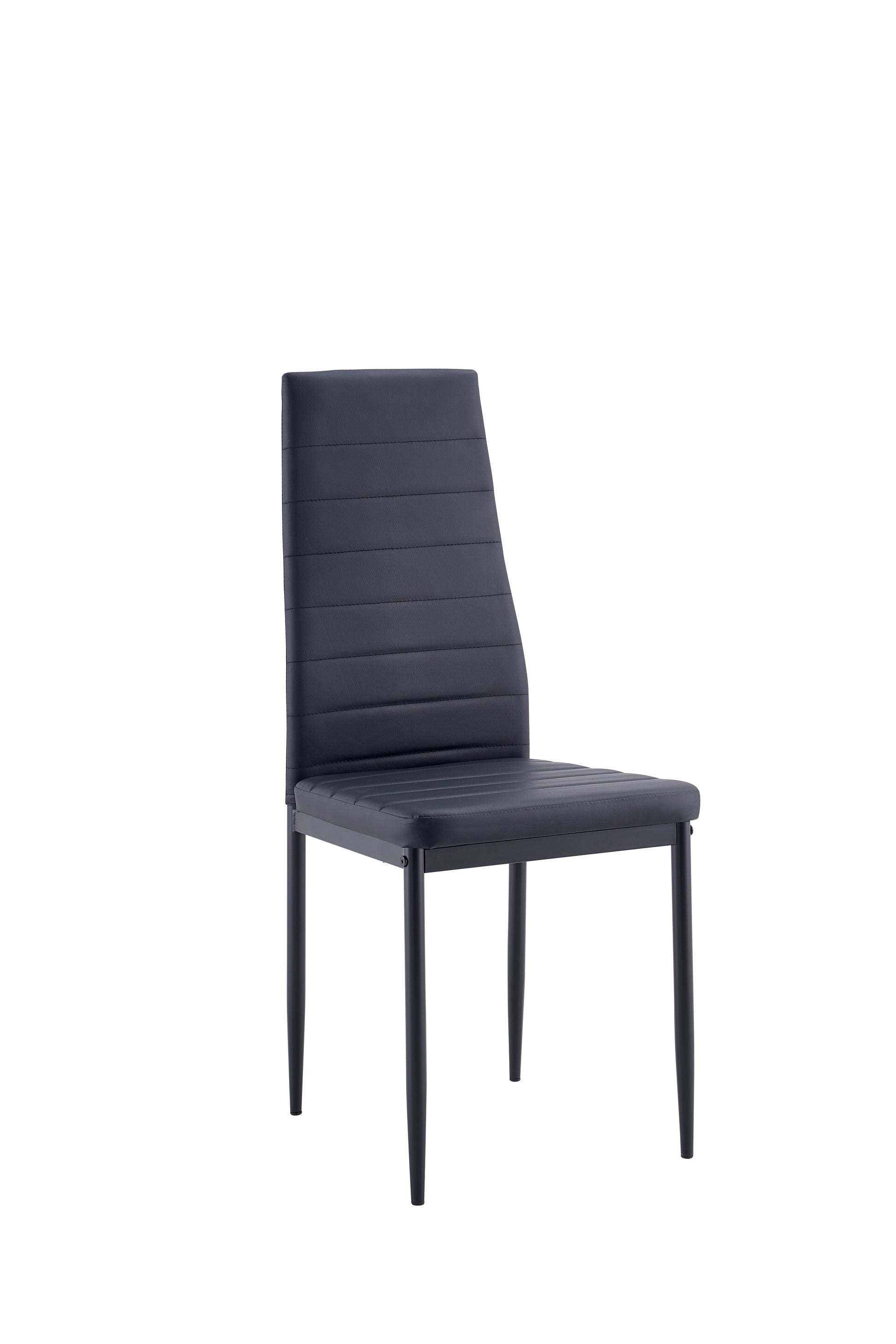 Dark grey faux leather dining chair with horizontal stitching on seat and back