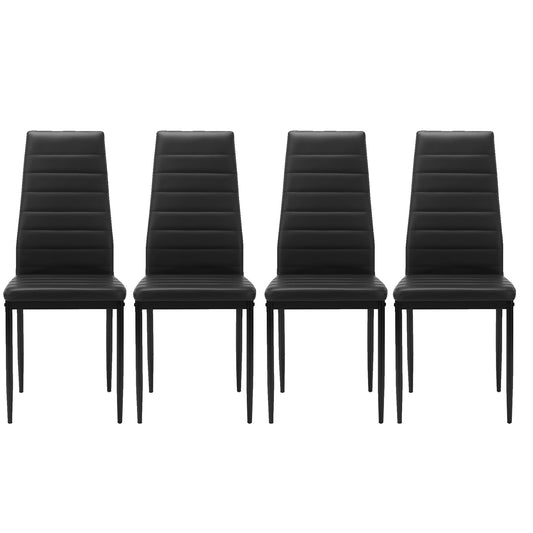 Four black faux leather dining chairs with horizontal stitching