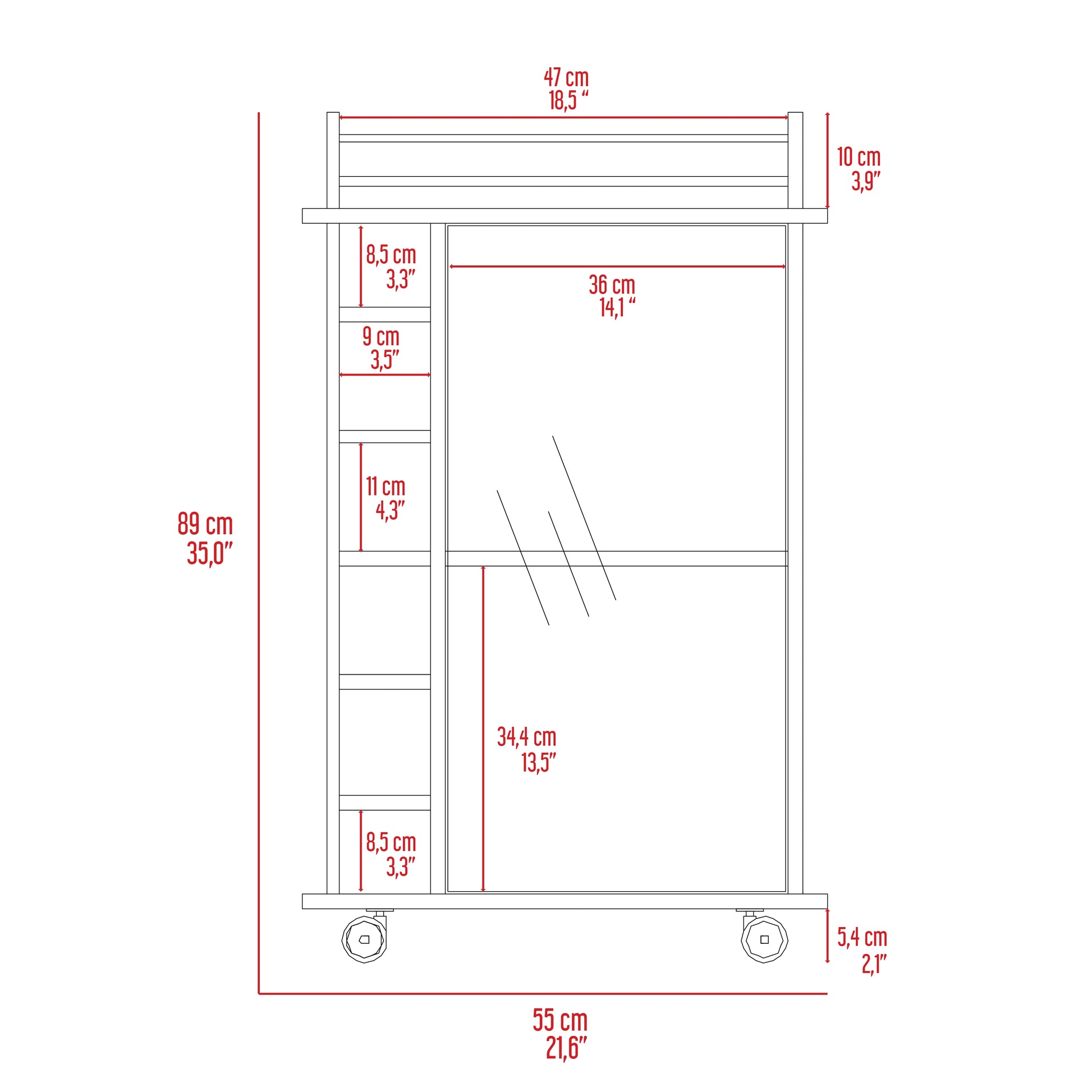 Shelving unit with multiple compartments and wheels