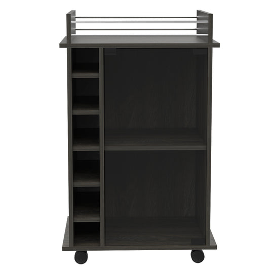 Dark wood serving cart with wine rack and multiple shelves