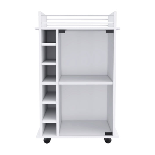 White rolling utility cart with multiple shelves and a towel rack
