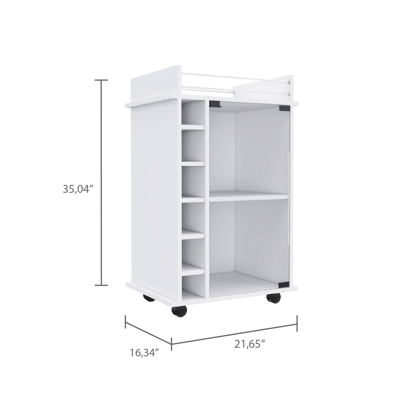 White modern kitchen cart with wine rack and open shelving