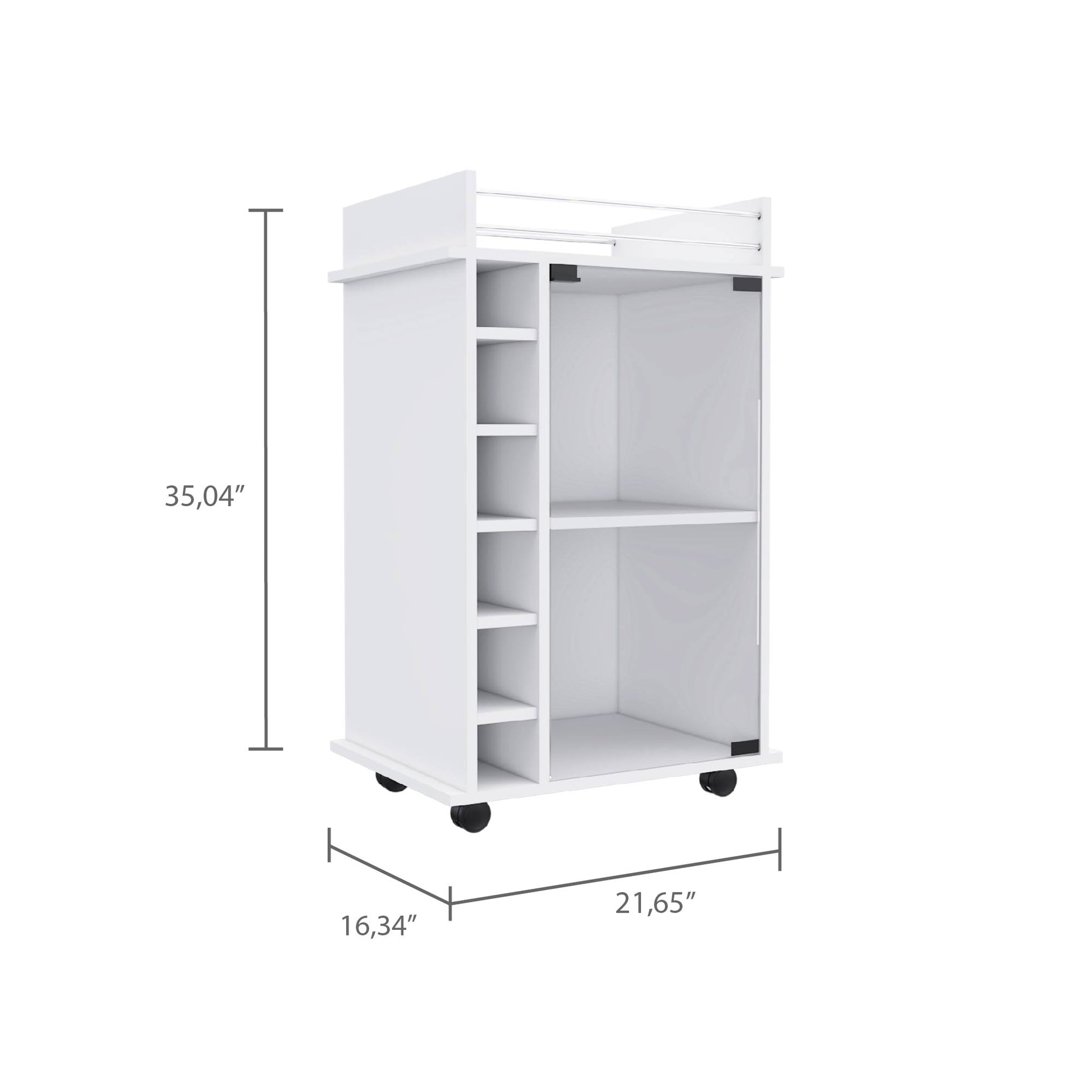 White modern kitchen cart with wine rack and open shelving