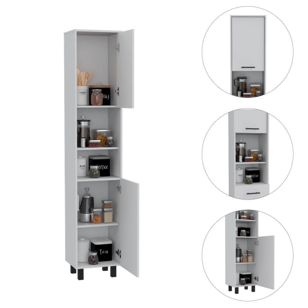 Tall white kitchen pantry cabinet with open doors