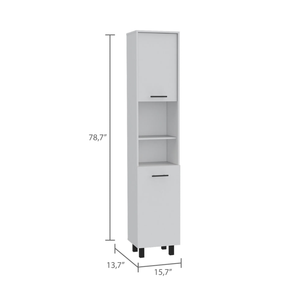 Tall white storage cabinet with two shelves and a bottom drawer