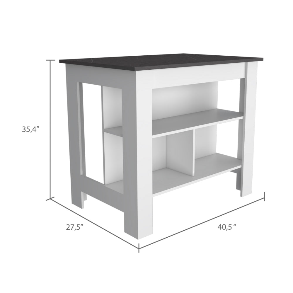 Modern white kitchen island with dark speckled countertop and open shelving