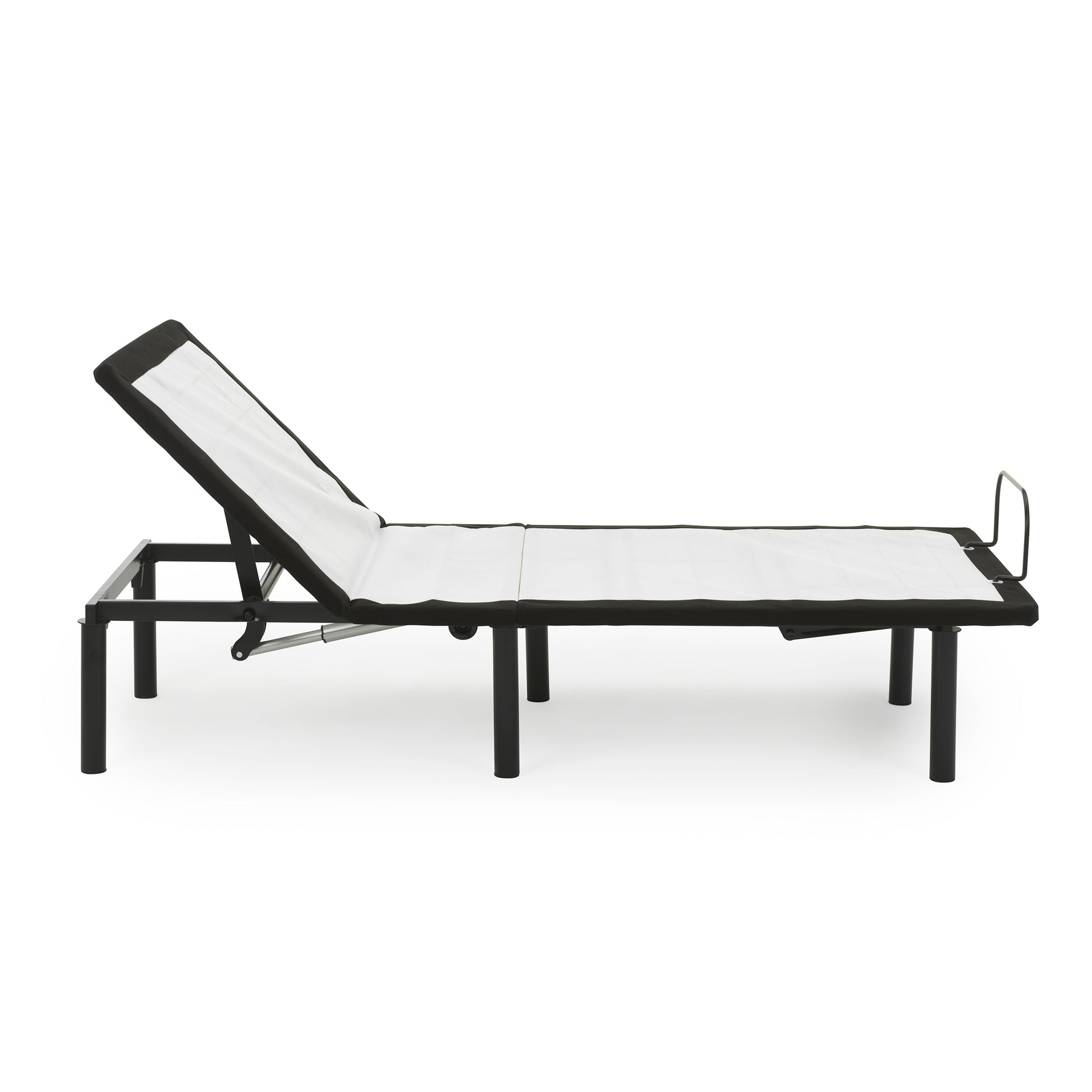 Black adjustable bed frame with white mattress support fabric and head support