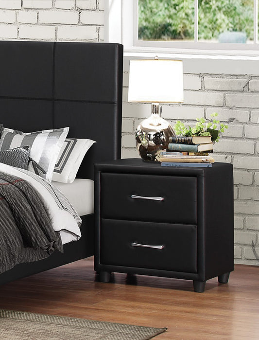 Black upholstered nightstand with two drawers and silver handles