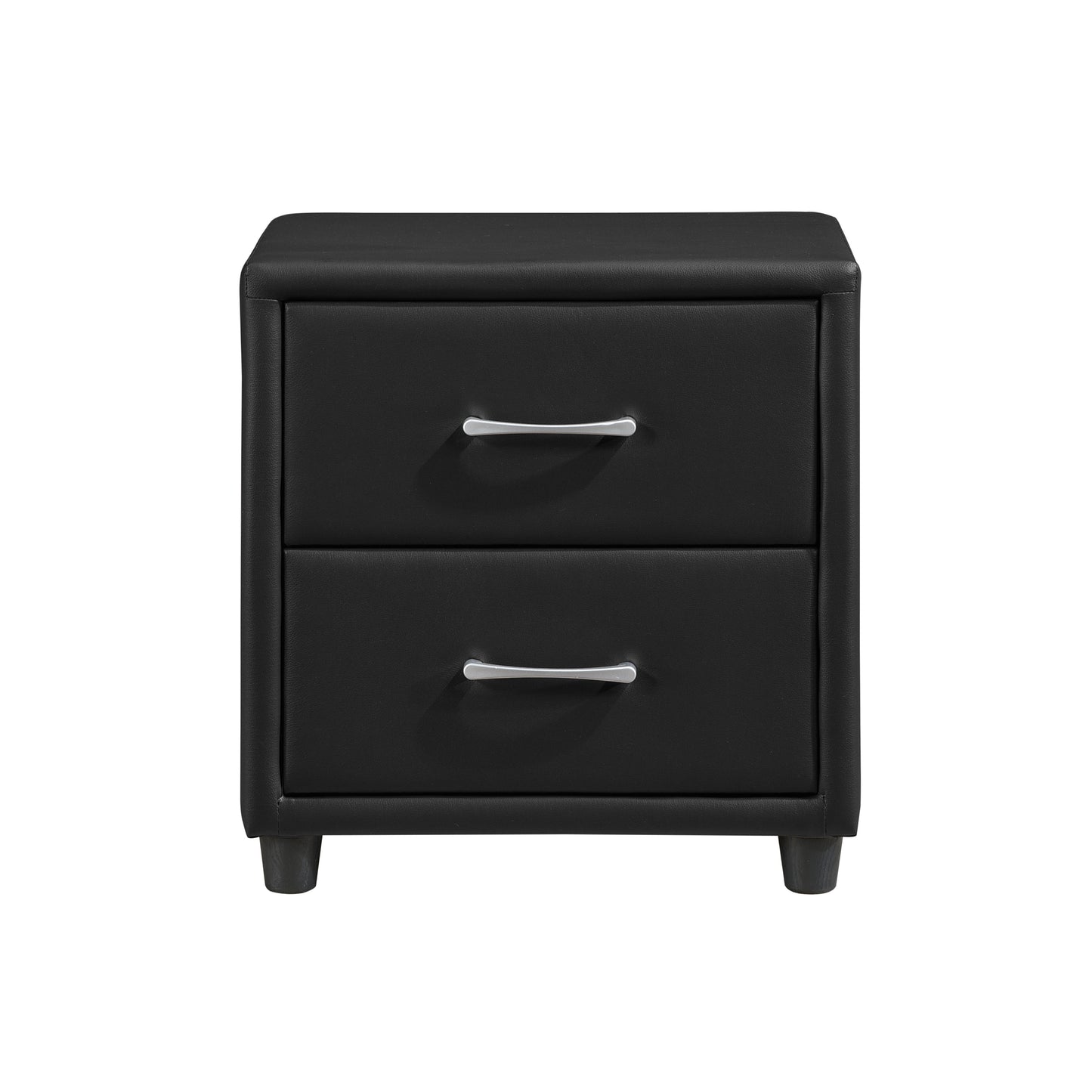 Black faux leather nightstand with two drawers and silver handles