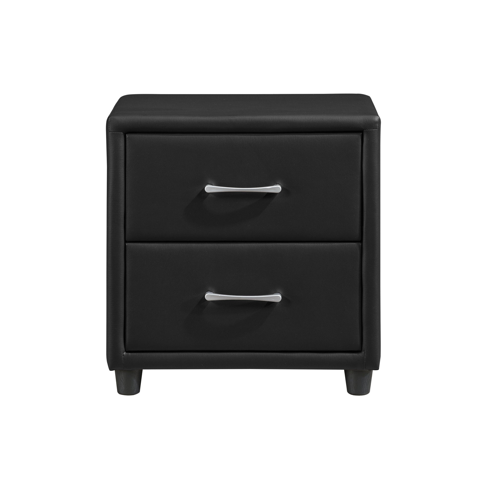Black faux leather nightstand with two drawers and silver handles