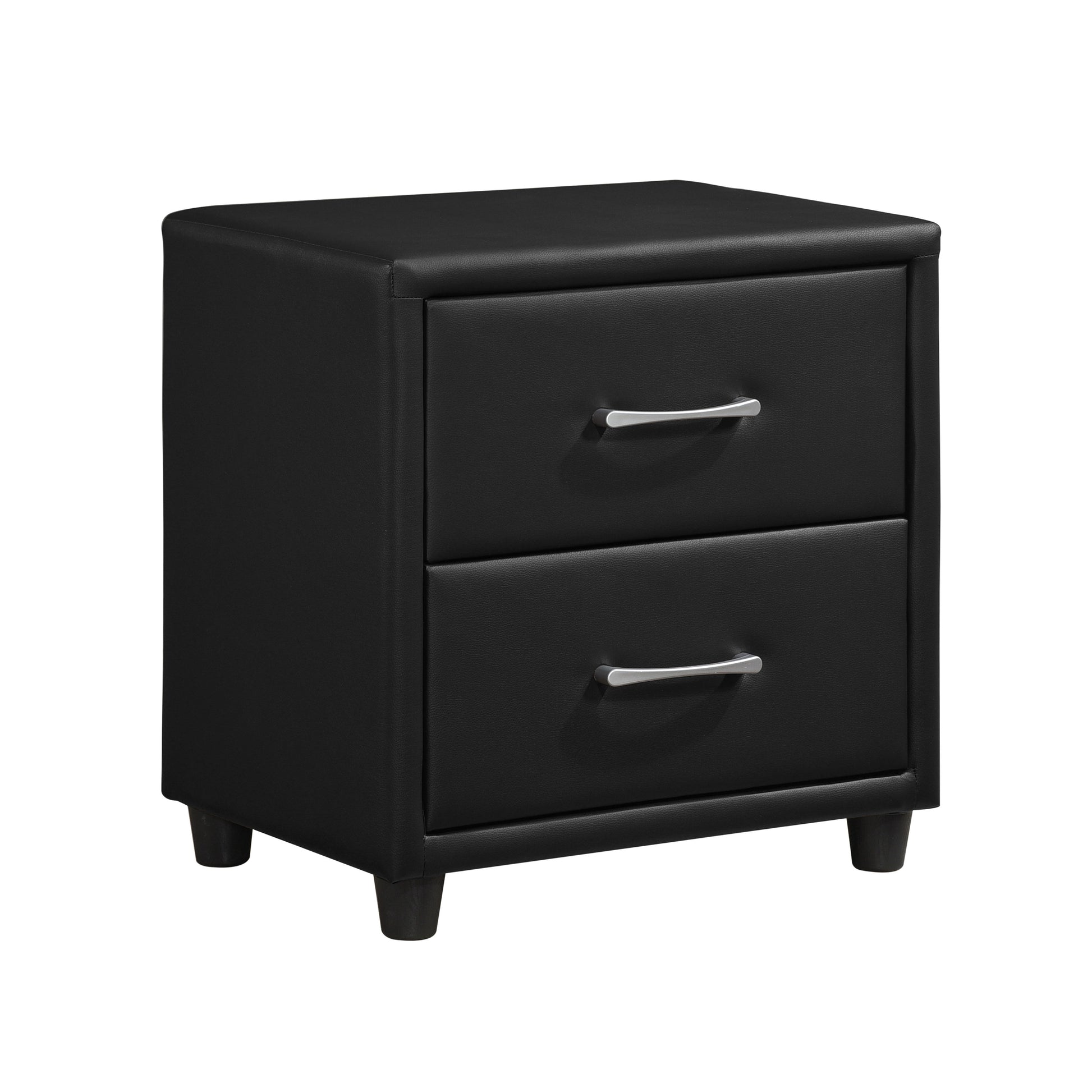Black faux leather nightstand with two drawers and silver handles