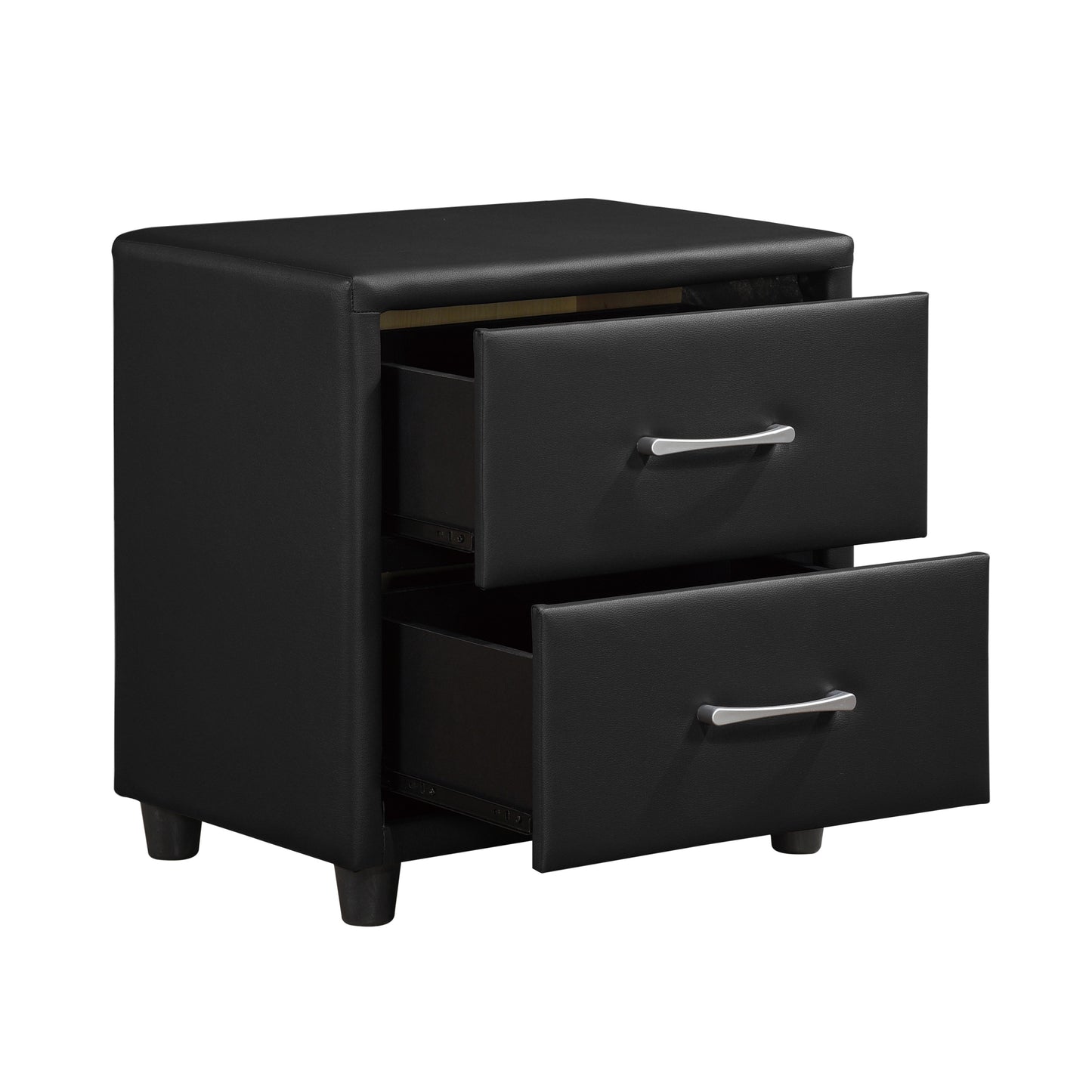 Black faux leather twodrawer nightstand with silver handles