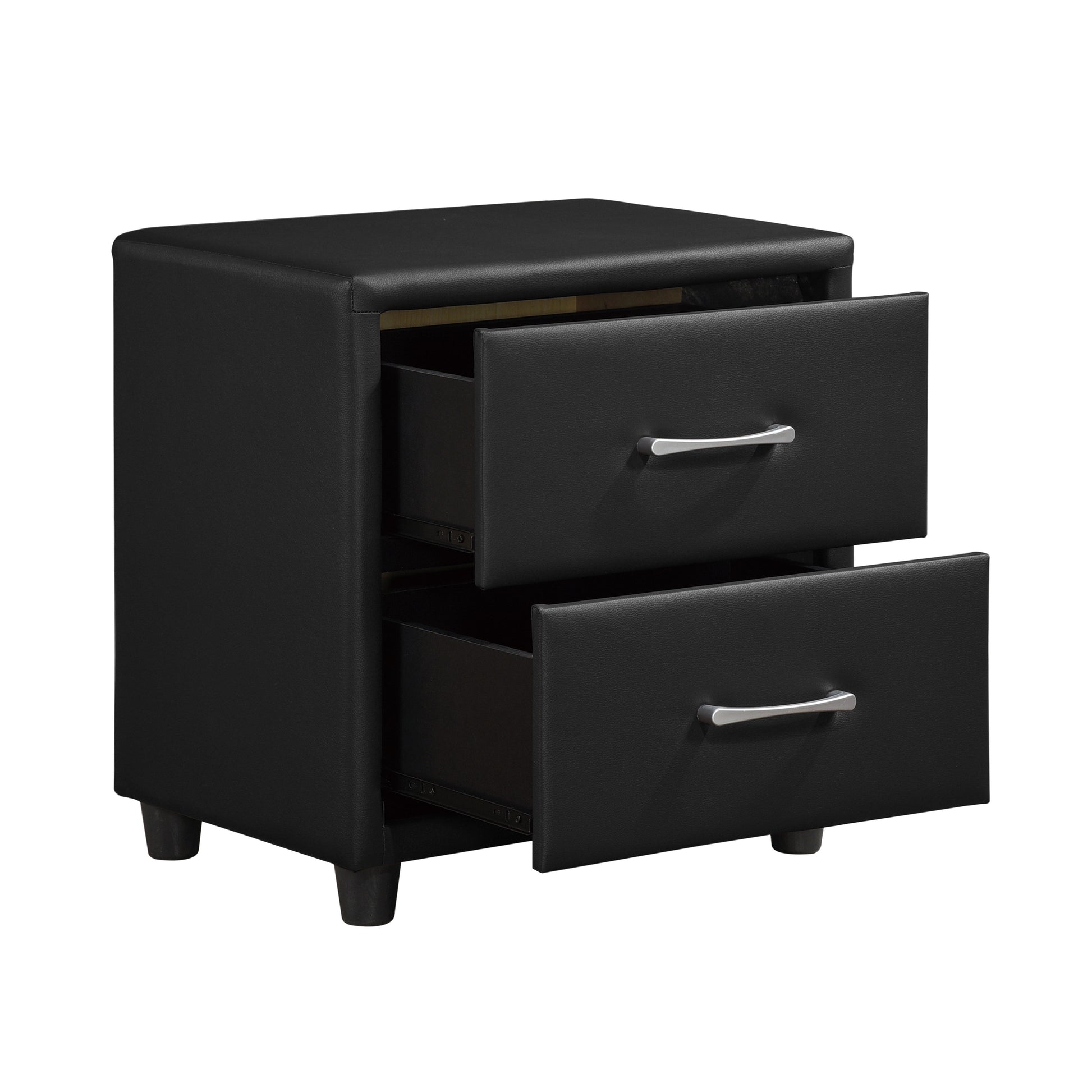 Black faux leather twodrawer nightstand with silver handles