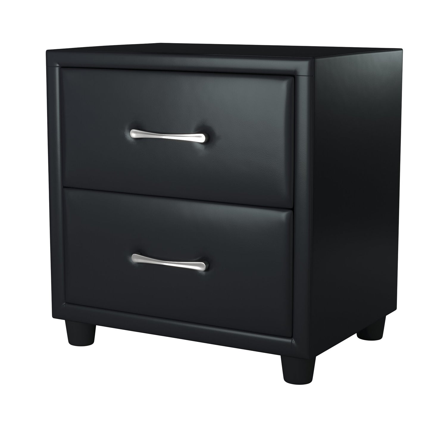 Black faux leather twodrawer nightstand with polished chrome handles