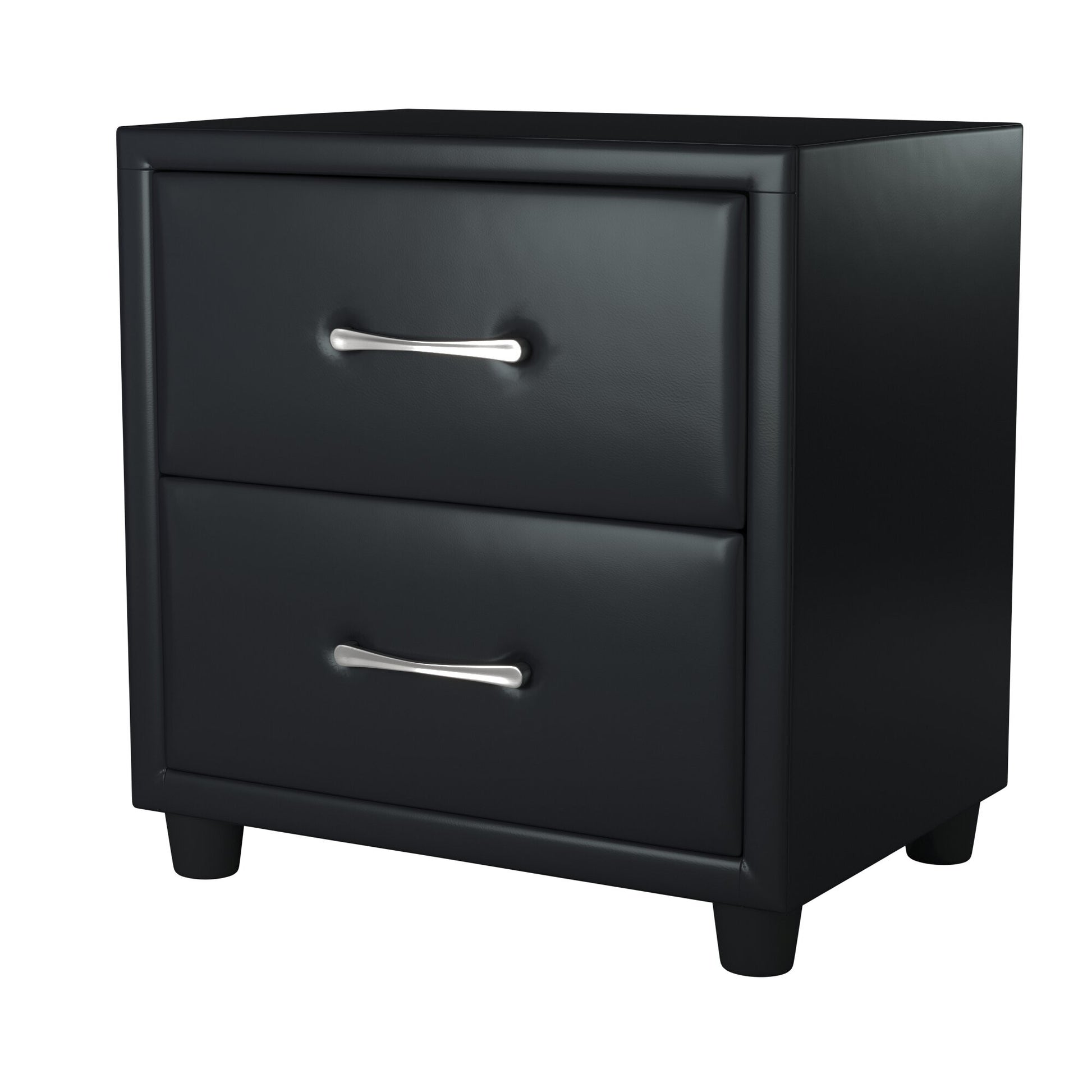 Black faux leather twodrawer nightstand with polished chrome handles
