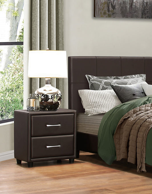 Brown faux leather nightstand with two drawers and silver handles