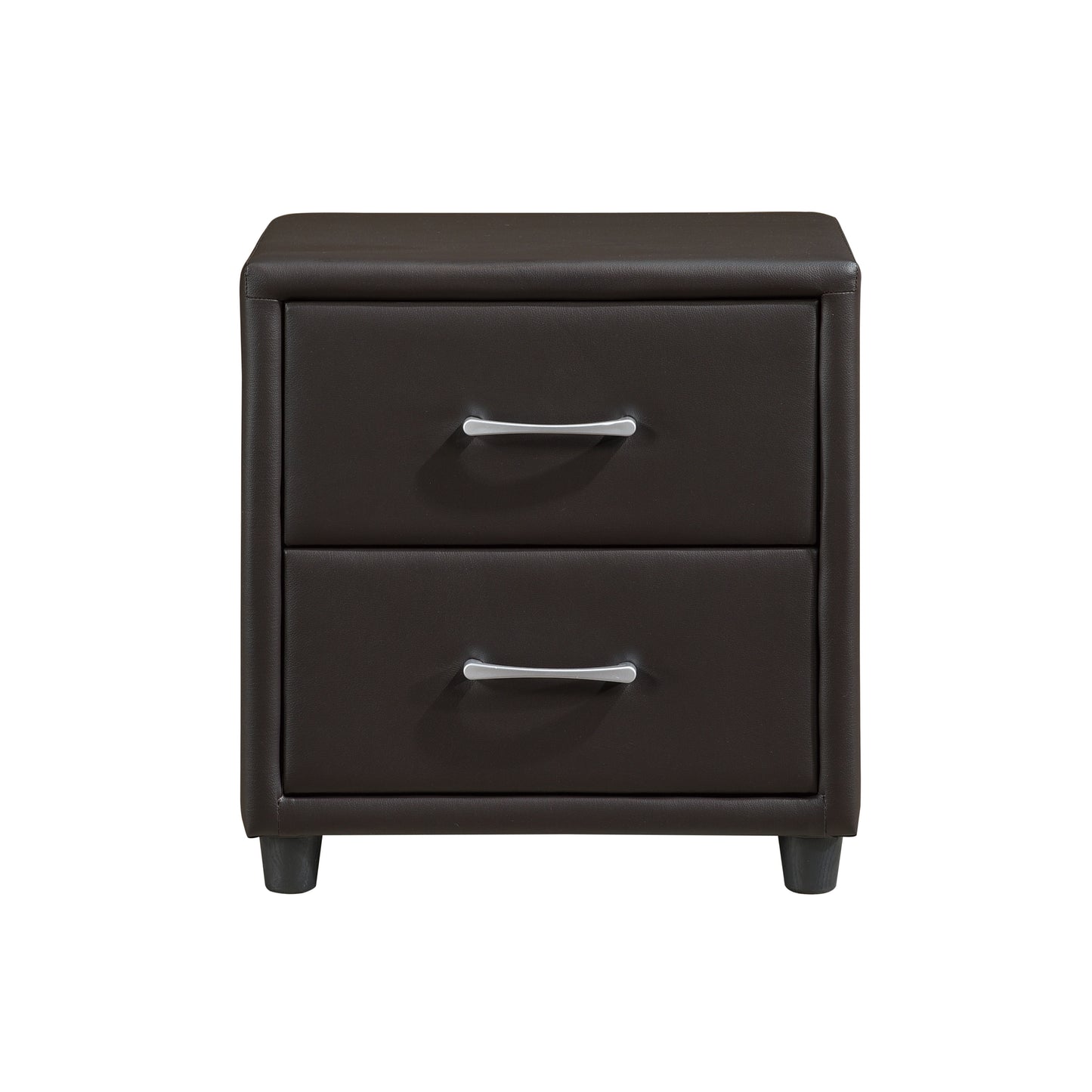 Dark brown faux leather nightstand with two drawers and silver handles