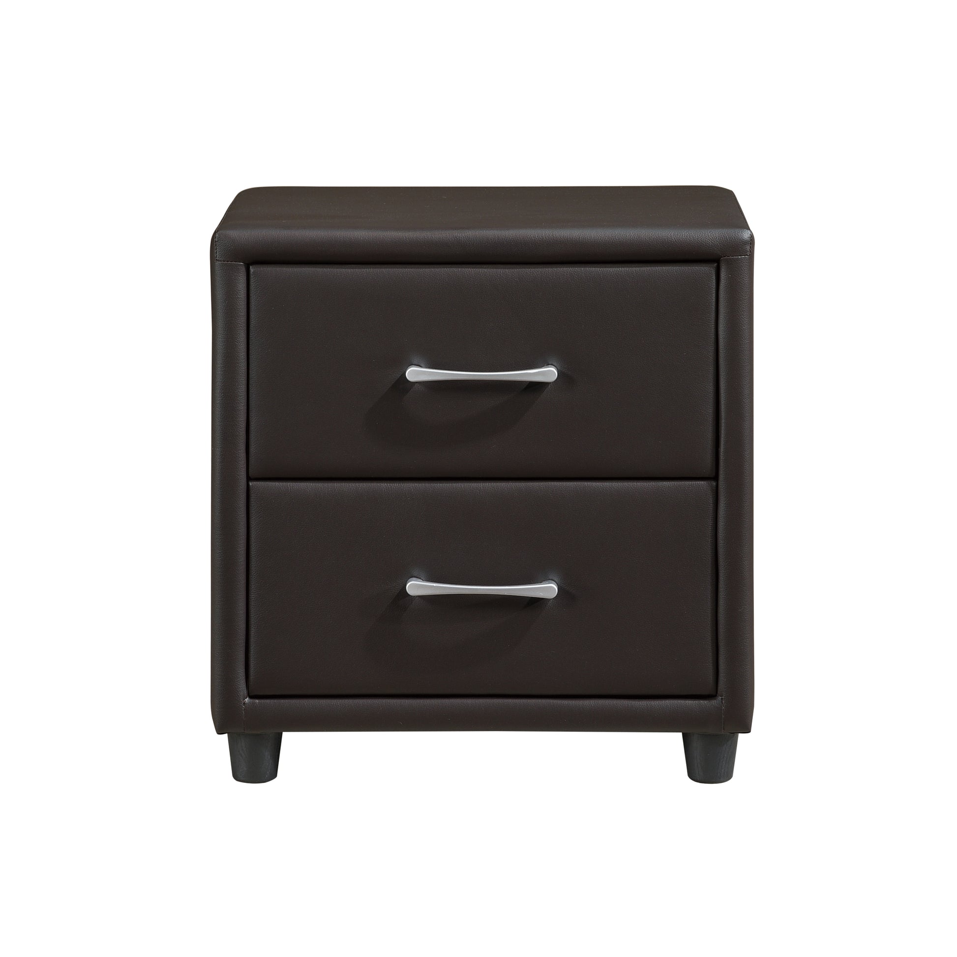 Dark brown faux leather nightstand with two drawers and silver handles