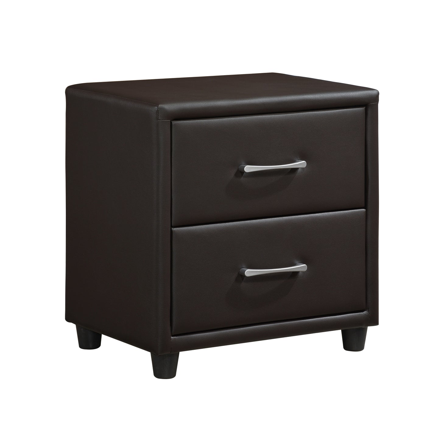 Dark brown faux leather twodrawer nightstand with silver pull handles