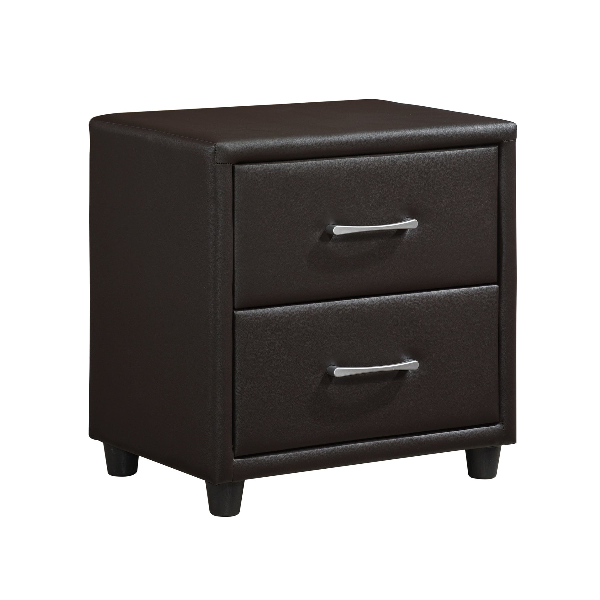 Dark brown faux leather twodrawer nightstand with silver pull handles