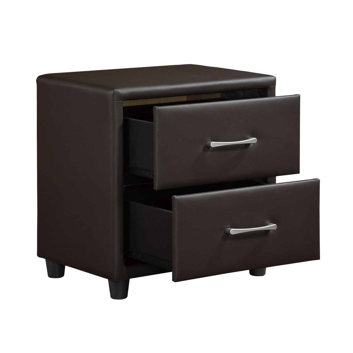 Dark brown faux leather nightstand with two drawers and silver handles