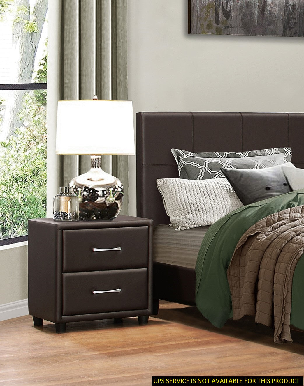 Dark brown faux leather nightstand with two drawers and silver handles