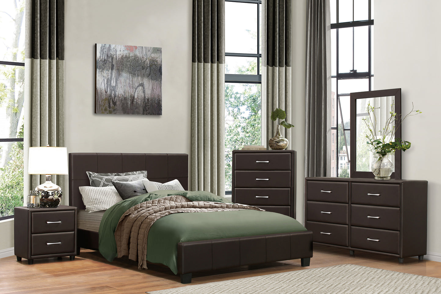 Dark brown faux leather platform bed with green bedding and textured throw