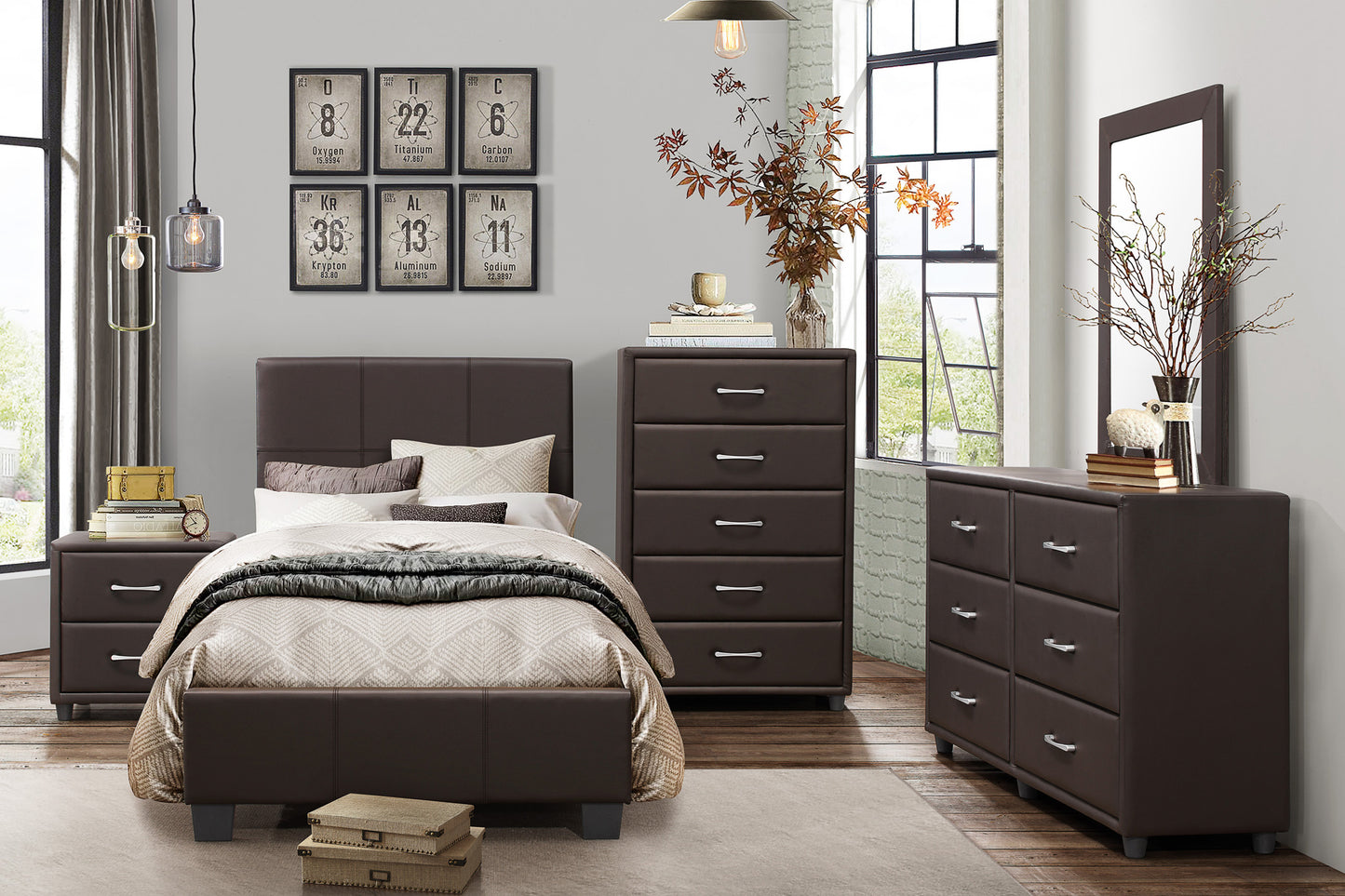 Brown faux leather upholstered bed frame with textured bedding