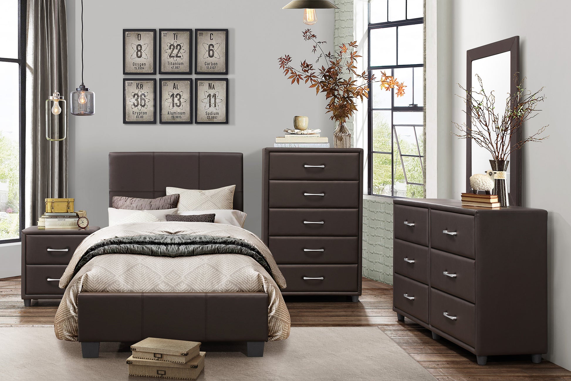 Brown faux leather upholstered bed frame with textured bedding