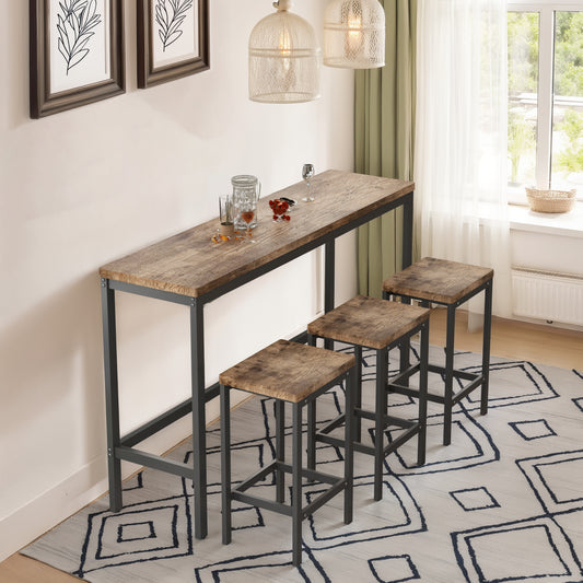 Rustic wood bar table and three stools set with metal frames