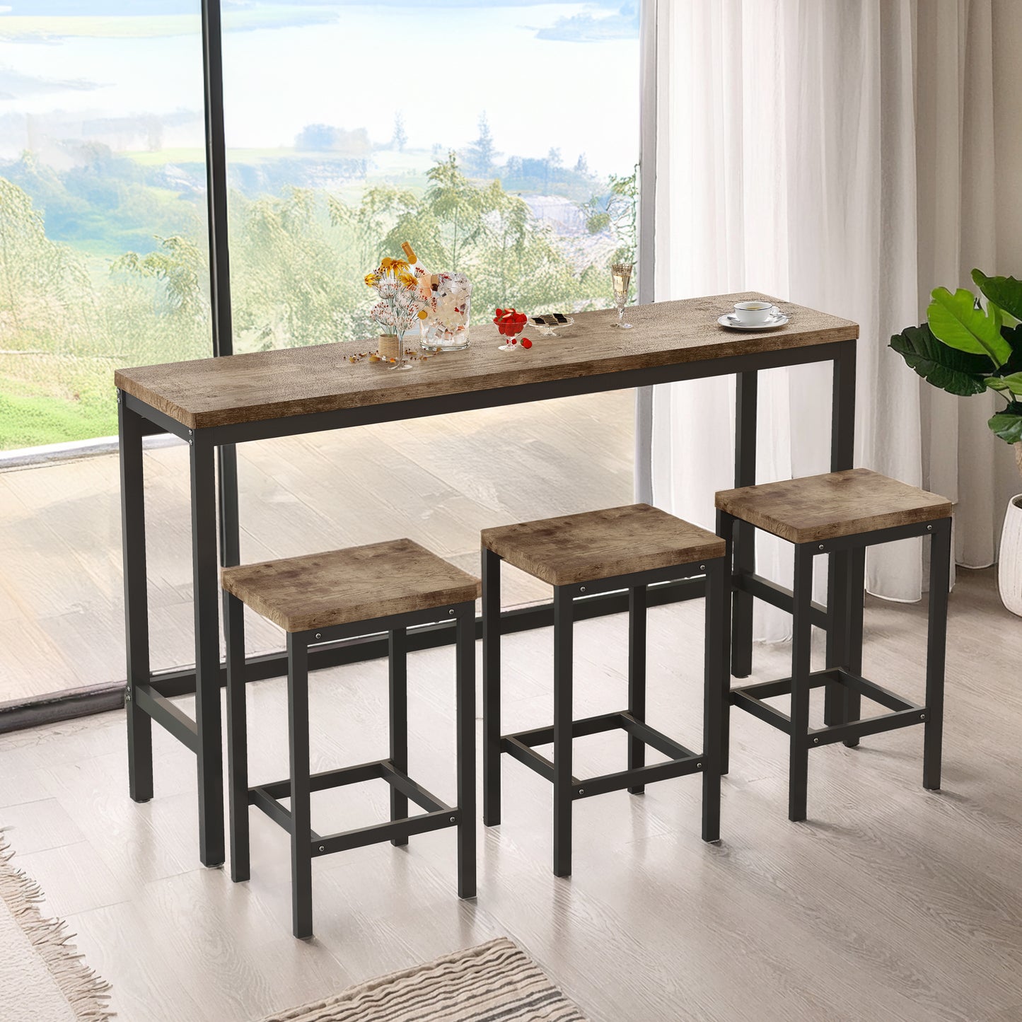 Rustic industrial bar table and stools set with wood tops and black metal frames