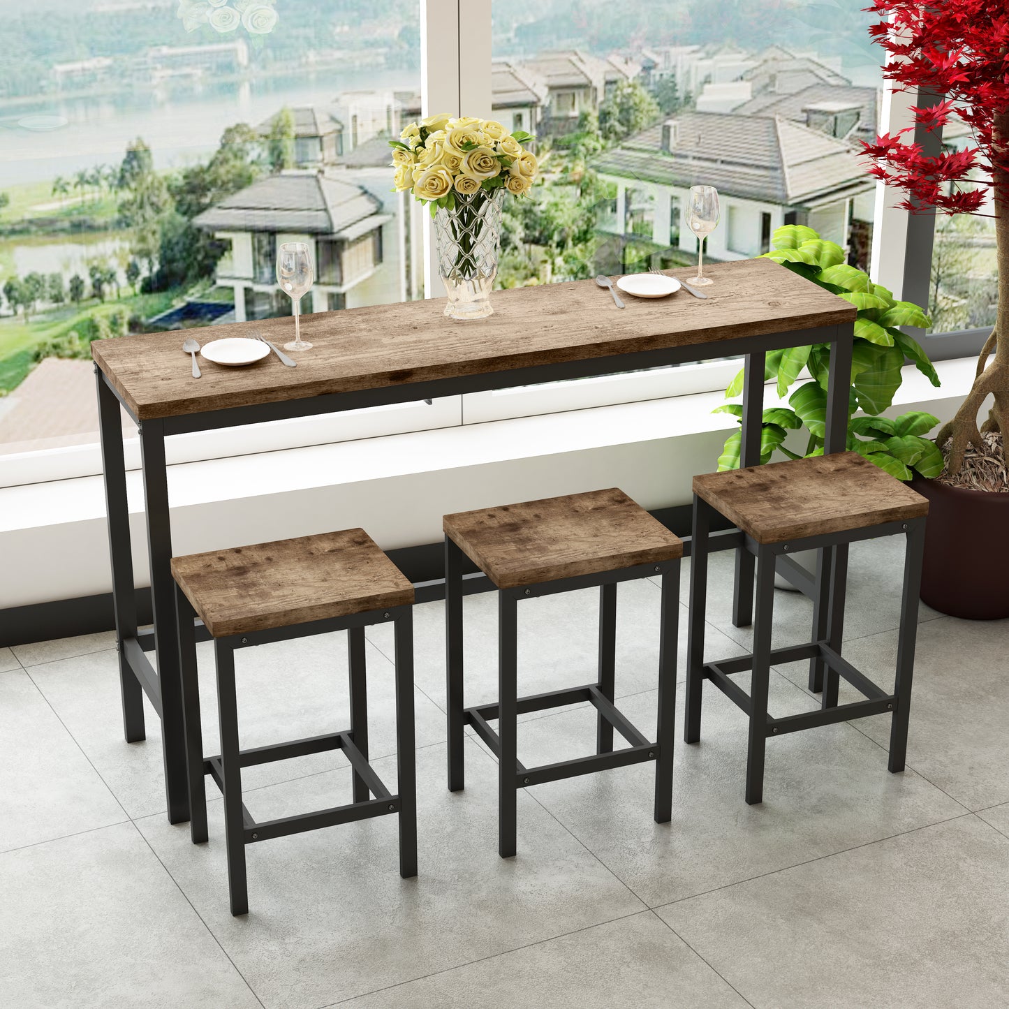 Rustic wood and metal bar table with three stools