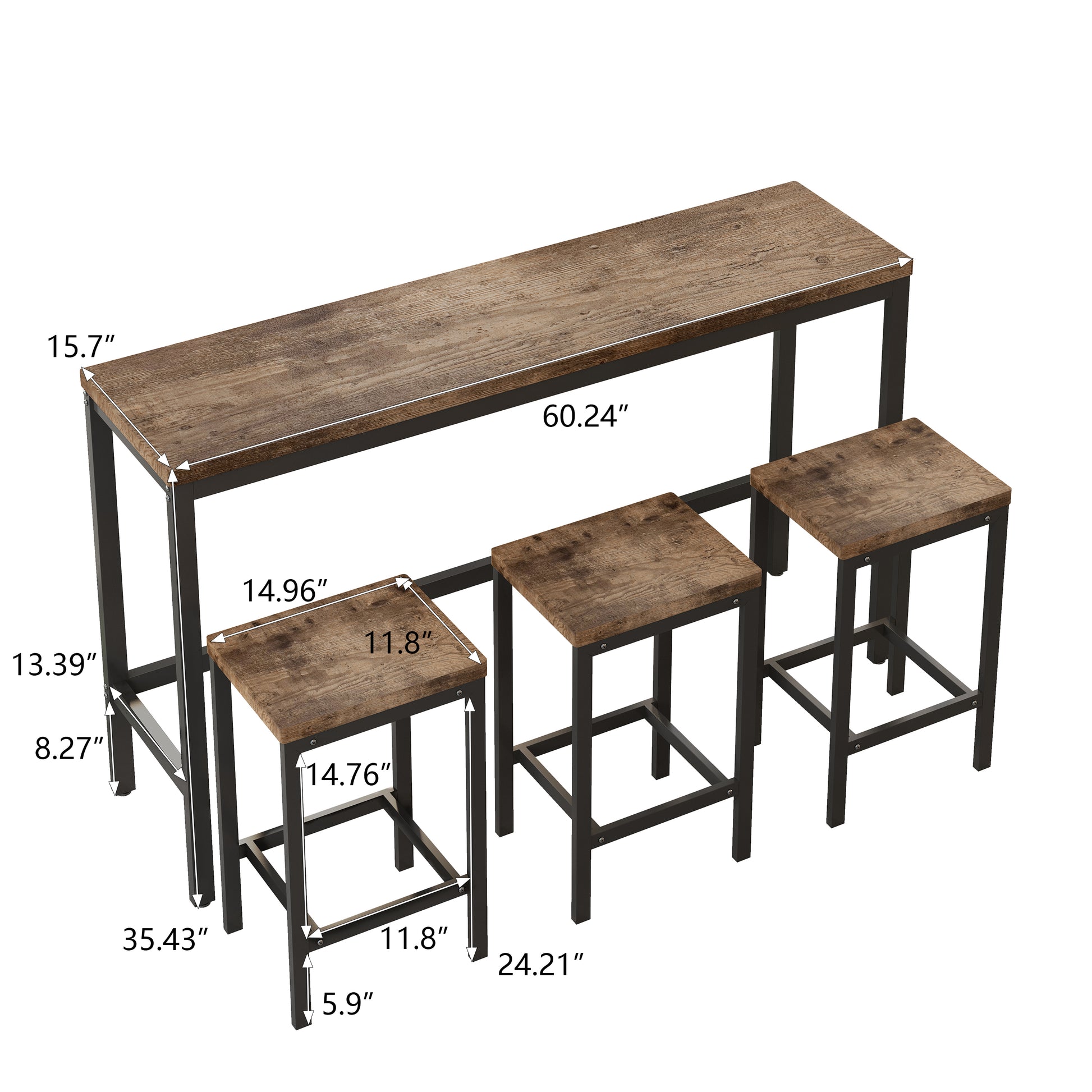 Rustic wood and metal bar table set with three stools