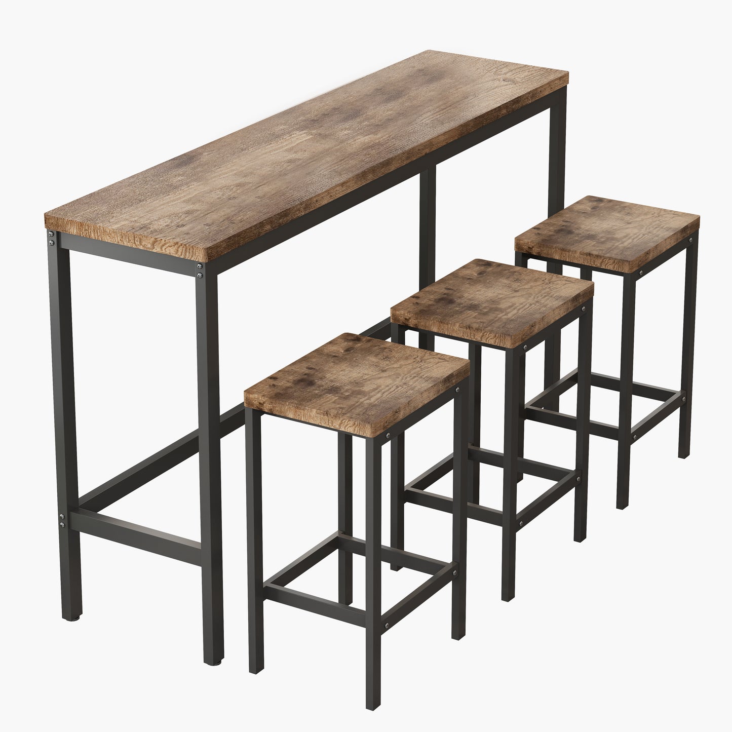 Industrial bar table and three stools with rustic wood tops and black metal frames