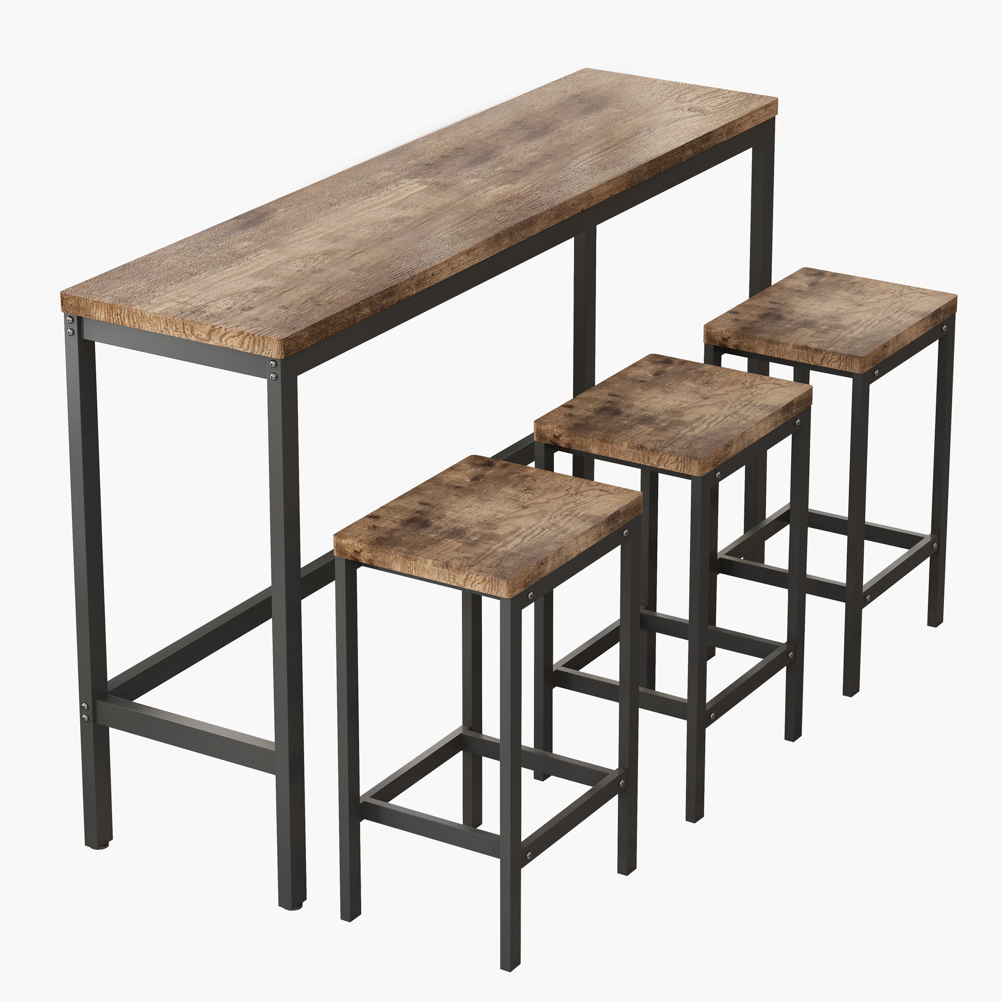 Industrial bar table and three stools with rustic wood tops and black metal frames
