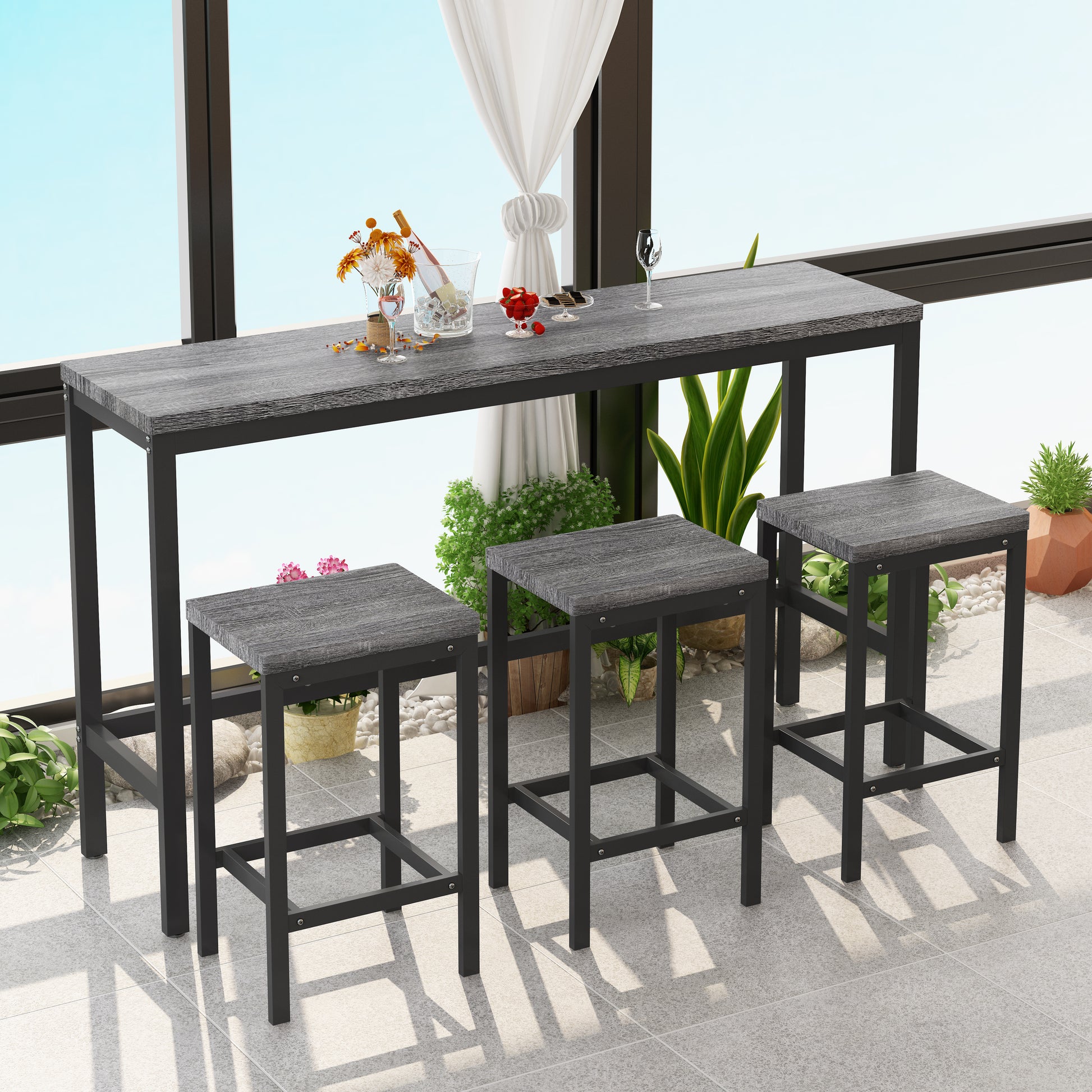 Modern grey wood grain bar table and three stools set with black metal legs