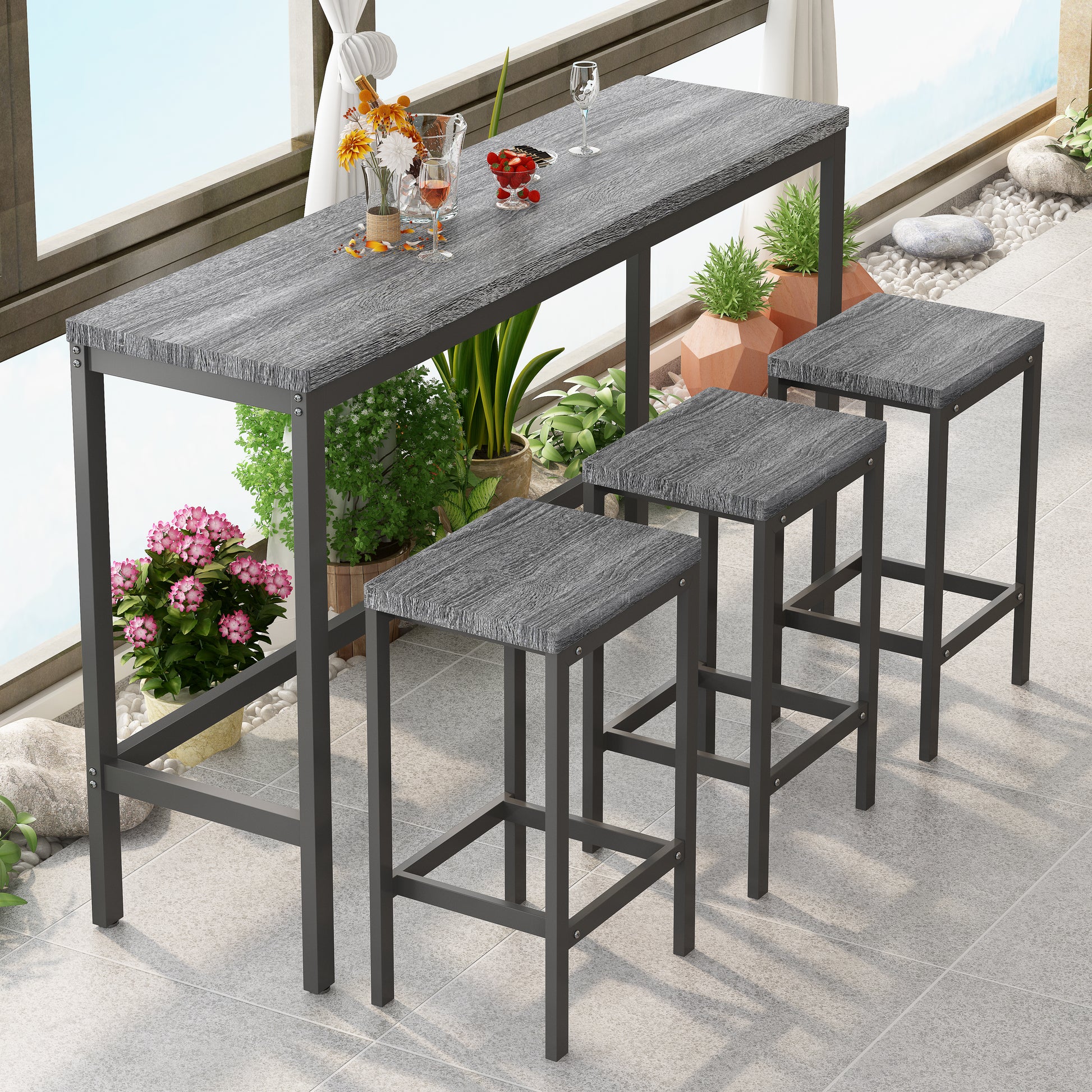 Gray wood grain bar table and stool set